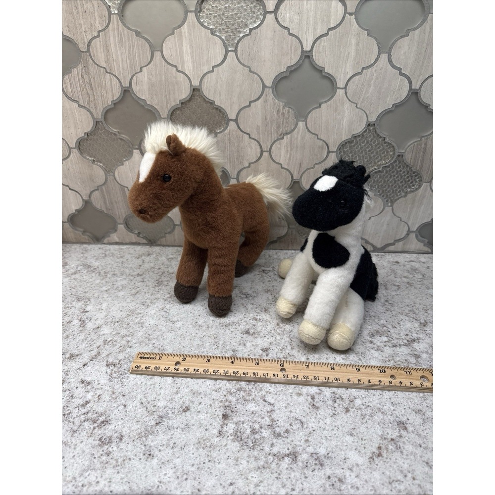 Douglas Cuddle Toys Lot of 2 Horse Pony Plush Brown White‎ & Black White Cow 6"